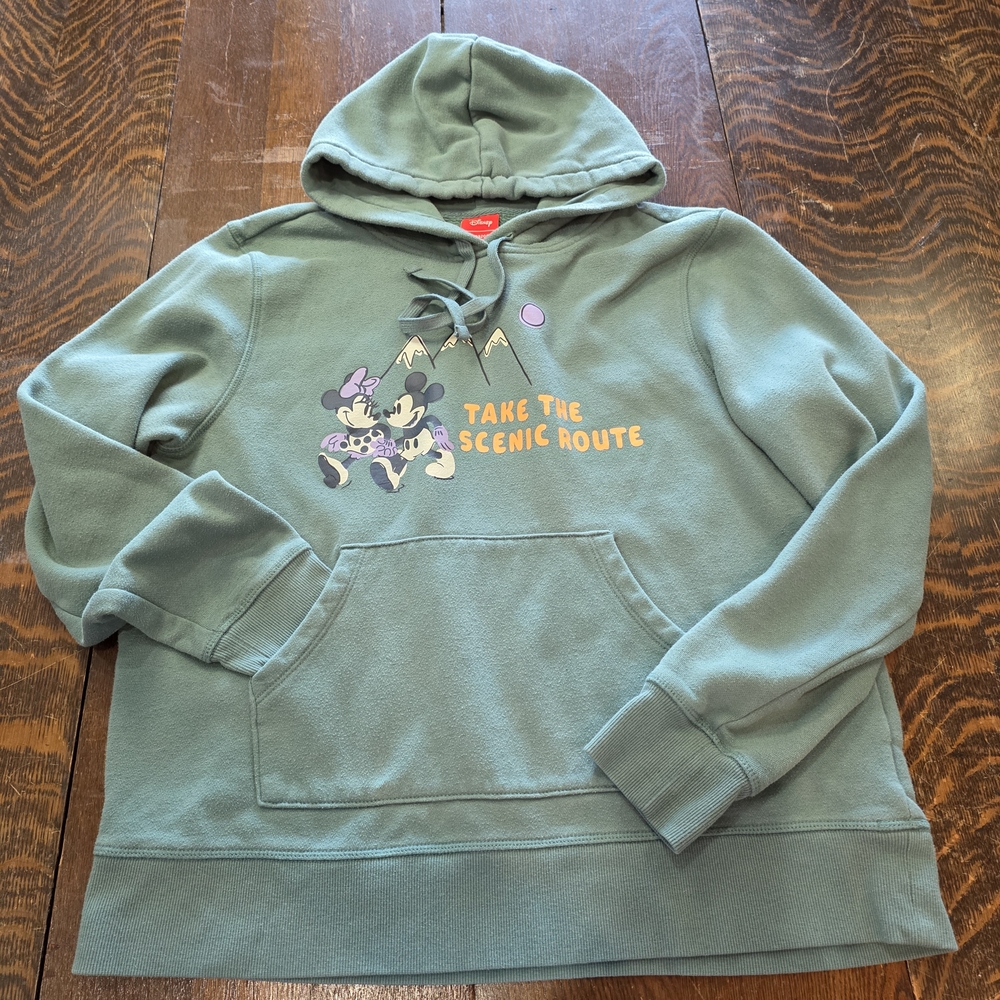 Disney Ladies Mickey and Minnie Mouse Take the Scenic Route hoodie in green Sz L